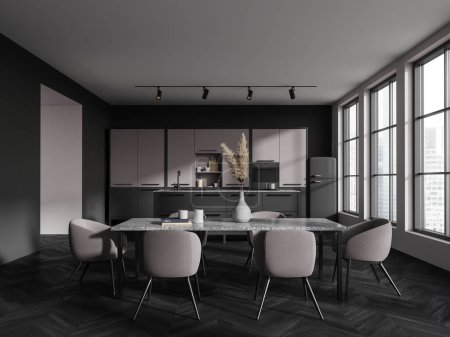 Photo for Modern home kitchen interior with dinner table and chairs, bar island with cabinet and refrigerator. Cooking and eating space with panoramic window on skyscrapers. 3D rendering - Royalty Free Image