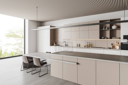 Photo for Side view of modern kitchen with white walls, concrete floor, white and beige cabinets with built in cooker and sink, cozy beige island with attached table and beige chairs. 3d rendering - Royalty Free Image