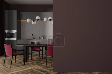 Photo for Interior of stylish kitchen with gray and red walls, wooden floor, comfortable gray cupboards and cabinets with built in sink and cozy dining table with red chairs. Mock up wall. 3d rendering - Royalty Free Image