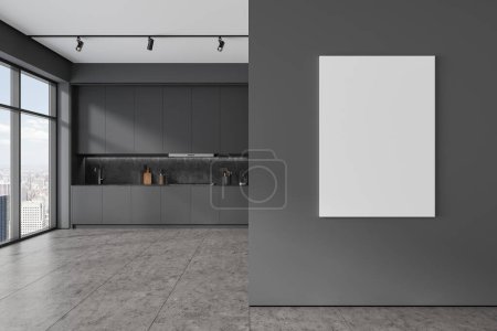 Foto de Interior de la cocina de casa oscura con armario y utensilios de cocina, piso de baldosas grises. Zona de cocina de lujo en apartamento con ventana panorámica en Nueva York. Cartel de lienzo burlón en partición. Renderizado 3D - Imagen libre de derechos