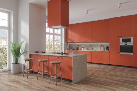 Photo for Orange hotel kitchen interior with bar counter and stool, hardwood floor. Corner view of eating and cooking space with panoramic window on tropics. 3D rendering - Royalty Free Image