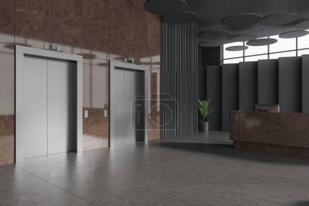 Téléchargez les photos : Hall d'accueil moderne d'affaires avec deux ascenseurs, vue latérale bureau de réception en marbre brun et plante, sol carrelage gris. Hall avec ascenseur, service administratif ou coin inscription. rendu 3D - en image libre de droit