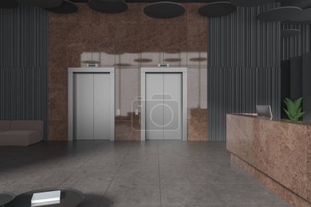 Foto de Moderno vestíbulo interior de negocios con dos ascensores, escritorio de recepción de mármol marrón y planta, piso de granito de baldosas grises. Pasillo con ascensor y registro o check-in. Renderizado 3D - Imagen libre de derechos