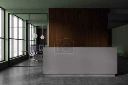 Téléchargez les photos : Intérieur du bureau élégant avec des murs verts et en bois, sol en béton, comptoir de réception gris confortable et espace ouvert en arrière-plan. Rendu 3d - en image libre de droit