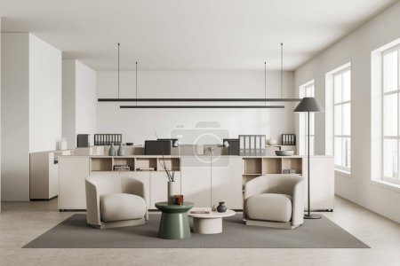 Photo for White business interior relax place with armchairs and sideboard, row of desk with pc computers on background. Cozy office loft with panoramic window on skyscrapers. 3D rendering - Royalty Free Image