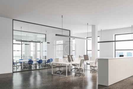 Photo for Stylish business loft interior with workspace and glass conference room, side view pc monitors on table and drawer partition. Panoramic window on skyscrapers. 3D rendering - Royalty Free Image