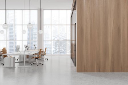 Photo for Interior of modern open space office with white and wooden walls, concrete floor, row of computer tables with beige chairs standing near panoramic window and mock up wall on the left. 3d rendering - Royalty Free Image