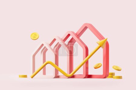 Photo for Abstract pink houses in row, increasing prices for real estate. Falling coins and growing arrow on pink background. Concept of mortgage interest rates and inflation. 3D rendering illustration - Royalty Free Image