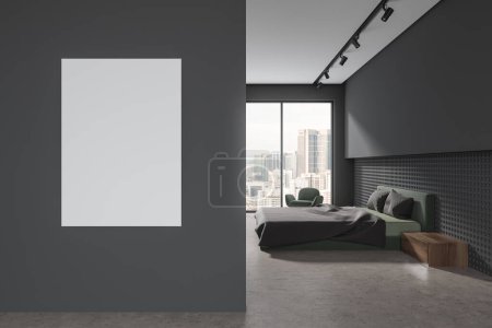 Photo for Interior of stylish bedroom with gray walls, concrete floor, comfortable king size bed with two bedside tables, cozy armchair, big window and vertical mock poster on the right. 3d rendering - Royalty Free Image