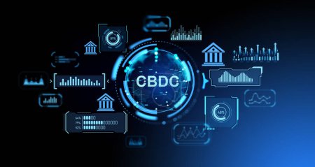Photo for Central bank digital currency hud, graph chart and glowing indicators with lines. Concept of CBDC, cryptocurrency and financial statistics. 3D rendering illustration - Royalty Free Image