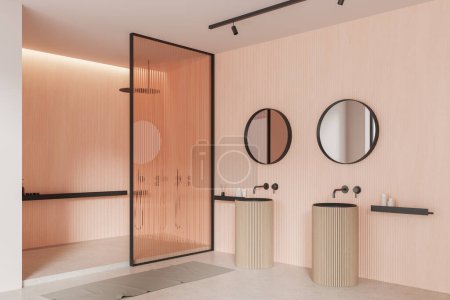 Téléchargez les photos : Coin de salle de bain moderne avec murs beige et blanc, sol en béton, douche à l'italienne avec porte vitrée et confortable lavabo double avec deux miroirs ronds. Rendu 3d - en image libre de droit