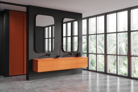 Téléchargez les photos : Coin de salle de bain élégante avec des murs gris, sol carrelé, double lavabo orange confortable avec deux miroirs verticaux et grande fenêtre avec vue tropicale. Rendu 3d - en image libre de droit