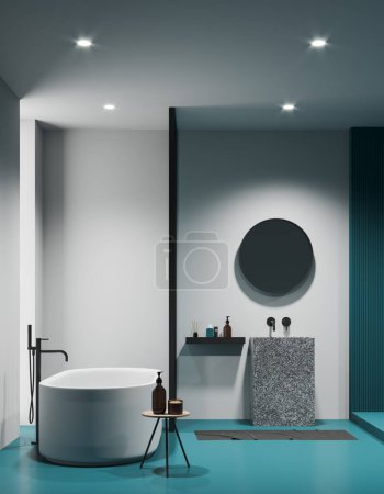 Téléchargez les photos : Intérieur de salle de bain moderne avec murs blancs, plancher bleu, baignoire blanche confortable et évier massif en pierre avec miroir rond au-dessus. Rendu 3d - en image libre de droit