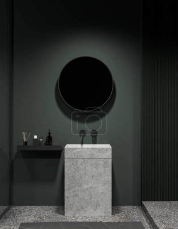 Photo for Dark hotel bathroom interior with sink and round mirror, stone vanity on grey granite floor and minimalist shelf with gel or cosmetics. Modern bathing area with washbasin. 3D rendering - Royalty Free Image