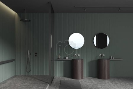 Photo for Interior of stylish bathroom with green and gray walls, concrete floor, walk in shower with glass door and comfortable double sink with two round mirrors. 3d rendering - Royalty Free Image