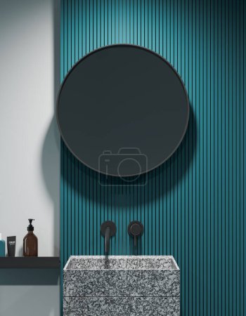 Téléchargez les photos : Intérieur de salle de bain moderne avec des murs blancs et bleus, évier massif en pierre avec miroir rond suspendu au-dessus et étagère avec des produits cosmétiques. Rendu 3d - en image libre de droit