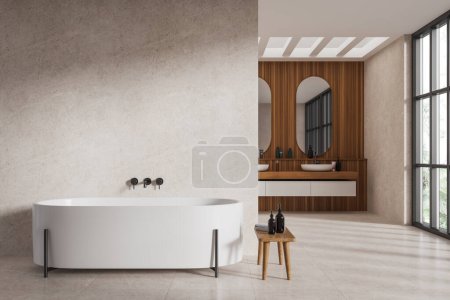 Photo for Beige hotel studio interior with bathtub and double sink behind partition, bathing room and panoramic window on tropics view. Empty copy space wall. 3D rendering - Royalty Free Image