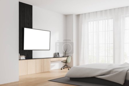 Photo for Corner view of hotel bedroom interior with workspace, chair and laptop computer on wooden dresser with mock up copy space tv display on wall. Panoramic window with tulle. 3D rendering - Royalty Free Image