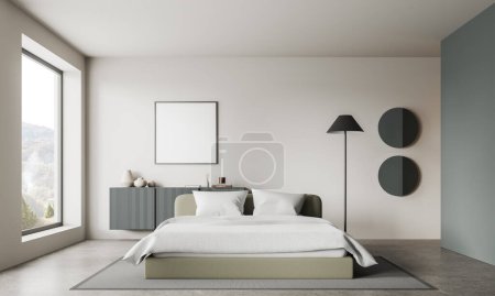 Foto de Elegante cama interior del dormitorio del hotel y ropa de cama blanca, vestidor con decoración de arte, alfombra en piso de hormigón gris. Simular cartel de lona cuadrada y ventana panorámica. Renderizado 3D - Imagen libre de derechos