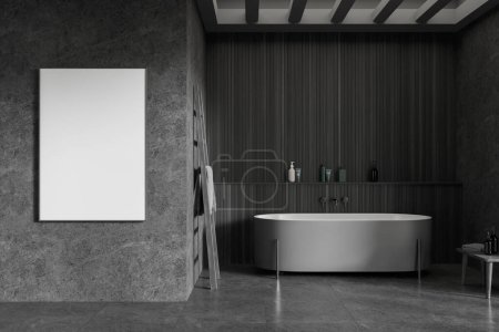 Téléchargez les photos : Intérieur de salle de bain sombre avec baignoire en céramique grise avec accessoires, sol en béton carrelé foncé. Salle de bain élégante avec mur en bois. Affiche en toile maquillée. rendu 3D - en image libre de droit