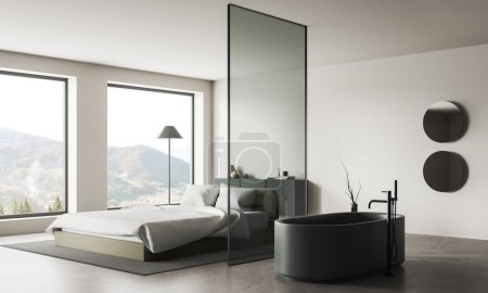 Photo for White hotel studio interior with bedroom and bathroom, side view bed with dresser and bathtub with glass partition. Stylish chill and bath corner with panoramic window on countryside. 3D rendering - Royalty Free Image