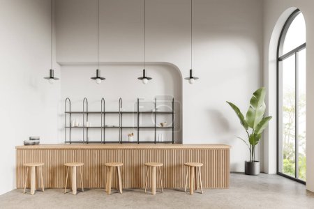 Foto de Interior de la cafetería moderna con paredes blancas, suelo de hormigón, cómodo mostrador de bar de madera con taburetes y ventanas arqueadas. renderizado 3d - Imagen libre de derechos