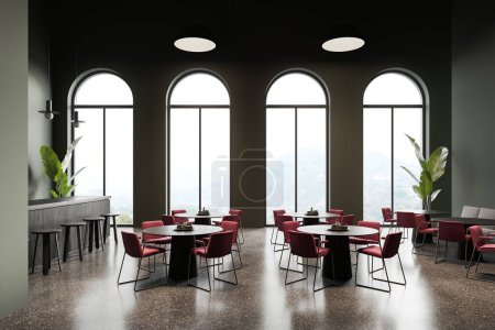 Téléchargez les photos : Intérieur café vert foncé avec chaises rouges et table ronde, sol en granit gris. Bar ou restaurant avec comptoir et plantes, baie vitrée panoramique sur campagne. rendu 3D - en image libre de droit
