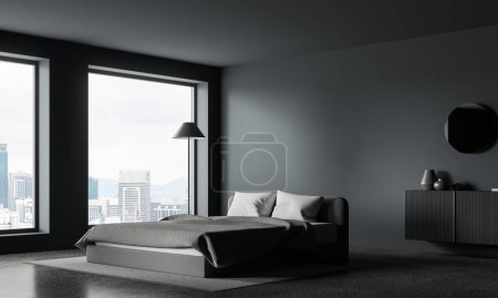 Photo for Corner of stylish bedroom with gray walls, concrete floor, comfortable king size bed, elegant gray dresser and big windows with cityscape. 3d rendering - Royalty Free Image