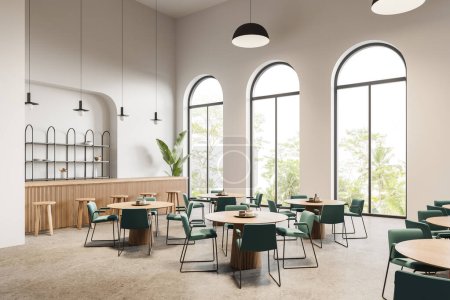 Photo for Corner view of cozy cafe interior with green chairs and round table, beige granite floor. Bar or restaurant with counter and plant, panoramic arch window on tropics. 3D rendering - Royalty Free Image