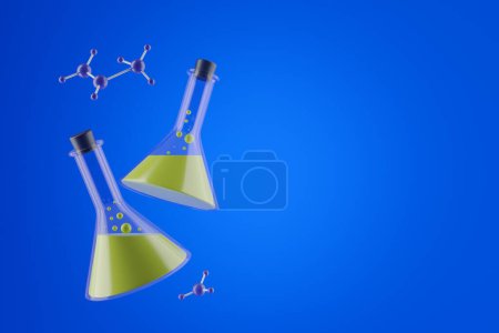 Photo for View of two beakers with liquid over dark blue copy space background. Concept of chemistry, education and science. Research and development. 3d rendering - Royalty Free Image