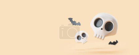 Photo for View of two cute white and black Halloween sculls and bats over beige copy space background. Concept of Halloween celebration and spooky time. 3d rendering - Royalty Free Image