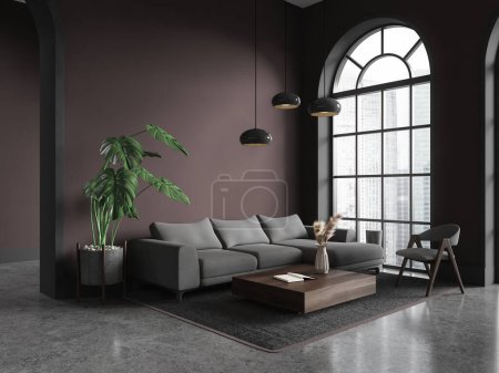 Foto de Interior de la habitación relax oscuro con sofá y sillón, mesa de centro vista lateral en la alfombra con decoración. Lounge corner con partición, ventana panorámica arqueada en rascacielos. Renderizado 3D - Imagen libre de derechos