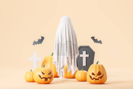 Photo for View of Halloween white sheet ghost, pumpkins, Jack o lanterns, bats and tombstones over beige background. Concept of Halloween celebration and spooky time. 3d rendering - Royalty Free Image