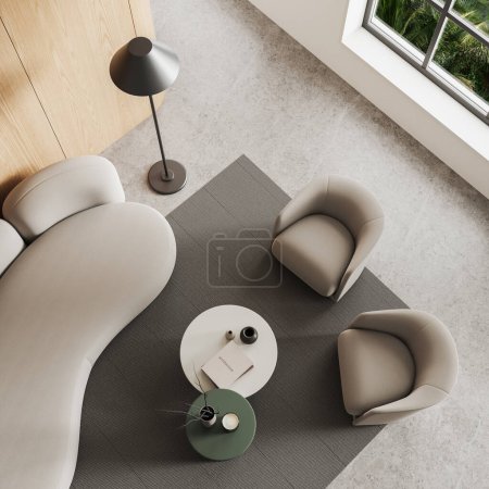 Foto de Vista superior del interior de la sala de estar con sofá, dos sillones y mesa de centro con decoración minimalista. Rincón relajante y ventana panorámica. Renderizado 3D - Imagen libre de derechos