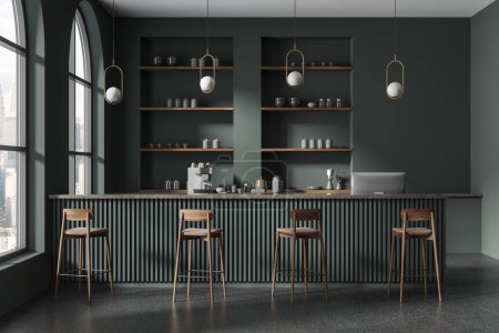 Foto de Interior de cafetería verde oscuro con barra de bar, taburete de madera en fila. Escritorio de efectivo con ordenador PC y cafetera, suelo de granito gris. Ventana panorámica de los rascacielos Kuala Lumpur. Renderizado 3D - Imagen libre de derechos