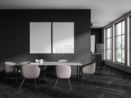 Foto de Interior de la cocina de casa oscura con mesa de piedra y sillas, piso de madera negra. Zona de cocina detrás de la partición, ventana panorámica. Finge carteles de lona en fila. Renderizado 3D - Imagen libre de derechos