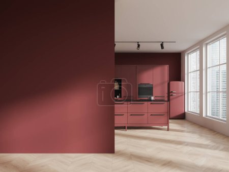 Foto de Interior de la cocina moderna con paredes blancas y rojas, suelo de madera, armarios rojos con horno incorporado, cómoda isla roja con fregadero y cocina y se burlan de la pared a la izquierda. renderizado 3d - Imagen libre de derechos
