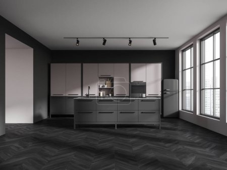 Photo for Black home kitchen interior with bar counter and cabinet, kitchenware with oven mounted and fridge on black hardwood floor. Panoramic window on skyscrapers. 3D rendering - Royalty Free Image