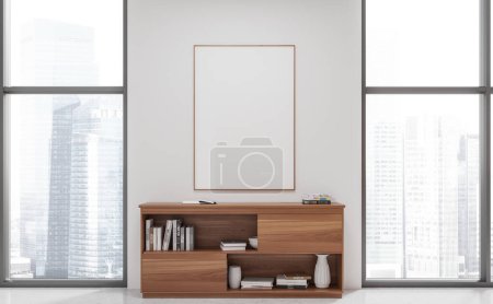 Photo for Interior of modern living room with white walls, concrete floor, wooden dresser standing between windows with cityscape and vertical mock up poster hanging above it. 3d rendering - Royalty Free Image