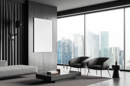 Photo for Dark home living room interior with armchairs and couch, side view. Relax corner with coffee table and decoration, panoramic window on skyscrapers. Mock up copy space canvas poster. 3D rendering - Royalty Free Image