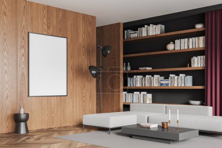 Photo for Cozy home living room interior with sofa, side view coffee table and bookshelf with books, carpet on hardwood floor. Mock up blank poster on wooden wall. 3D rendering - Royalty Free Image