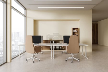 Photo for Cozy coworking interior with pc computers and armchairs in row, shelf with folders on beige concrete floor. Stylish office workspace with panoramic window on Paris skyscrapers. 3D rendering - Royalty Free Image