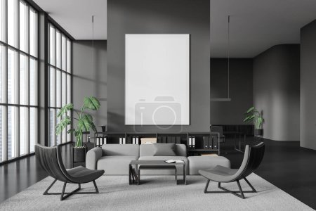 Photo for Dark business interior with two armchairs and sofa, shelf with business documents, panoramic window. Meeting room with board behind partition. Mockup canvas poster. 3D rendering - Royalty Free Image