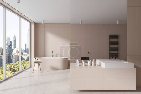 Photo for Elegant home bathroom interior with sink and vanity, partition and bathtub with side table on background. Panoramic window on New York skyscrapers. 3D rendering - Royalty Free Image