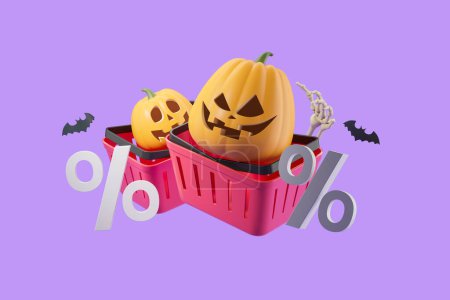 Photo for Cartoon shopping basket with hand and two pumpkins smiling, flying bat on purple background. Concept of holiday, discount and online purchase. 3D rendering - Royalty Free Image