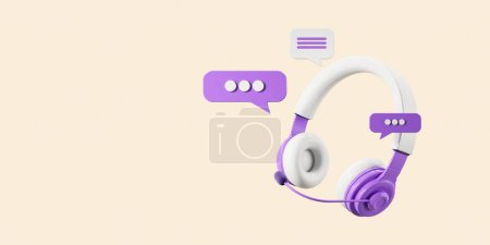 Photo for View of white and purple headset and speech bubbles over beige copy space background. Concept of customer support service, hotline and call center. 3d rendering - Royalty Free Image
