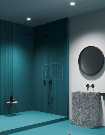 Téléchargez les photos : Intérieur de la salle de bain de l'hôtel blanc et turquoise avec lavabo et miroir rond, vanité en granit vue latérale sur le sol et douche avec un siège. Coin de bain élégant dans un appartement moderne. rendu 3D - en image libre de droit