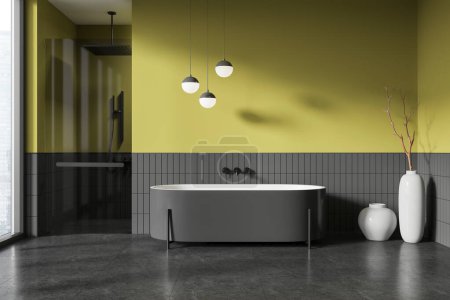 Téléchargez les photos : Intérieur de la salle de bain élégante avec des murs carrelés verts et gris, sol carrelé gris, baignoire grise confortable et douche à l'italienne avec porte en verre. Rendu 3d - en image libre de droit