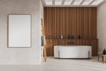 Foto de Moderno cuarto de baño interior del hotel con bañera de cerámica blanca con accesorios, piso de hormigón azulejo beige. Elegante cuarto de baño con pared de madera. Mock up cartel de lona. Renderizado 3D - Imagen libre de derechos