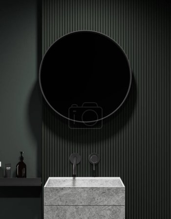 Téléchargez les photos : Intérieur de la salle de bain élégante avec des murs vert foncé, évier massif en pierre avec miroir rond suspendu au-dessus et étagère avec des produits cosmétiques. Rendu 3d - en image libre de droit